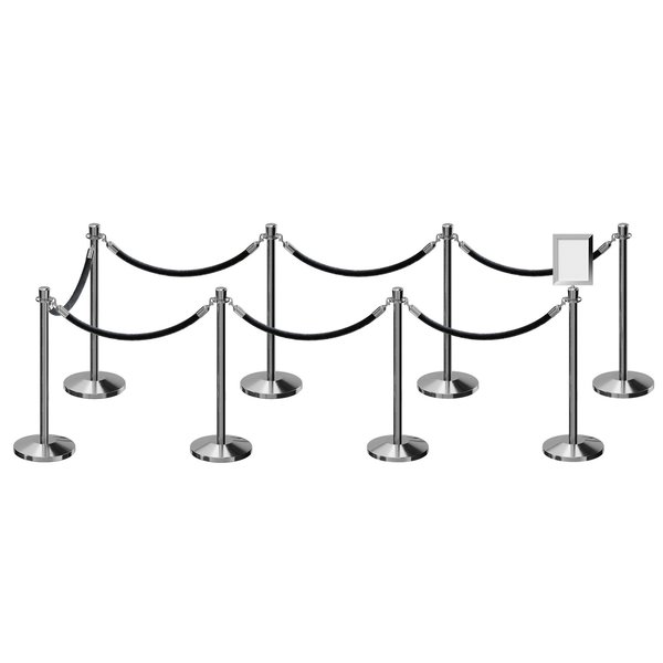 Montour Line Stanchion Post & Rope Kit Pol.Steel, 8CrownTop 7Blk Rope 8.5x11V Sign C-Kit-7-PS-CN-1-Tapped-1-8511-V-7-PVR-BK-PS